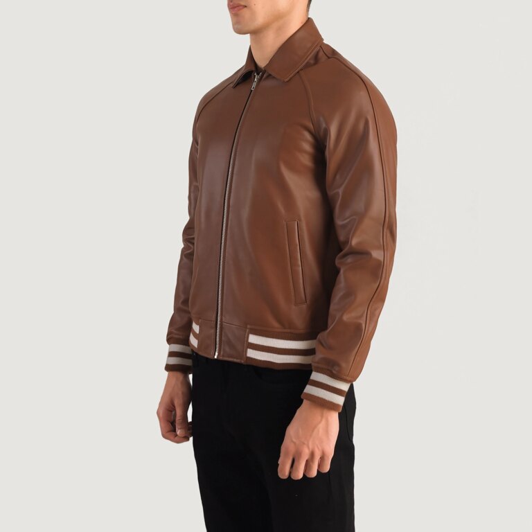 Mens Walton Brown Leather Varsity Jacket Side Pose-3-1704120038187